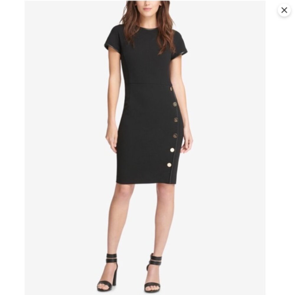 DKNY black short sleeve sheath dress with faux leather trim 12